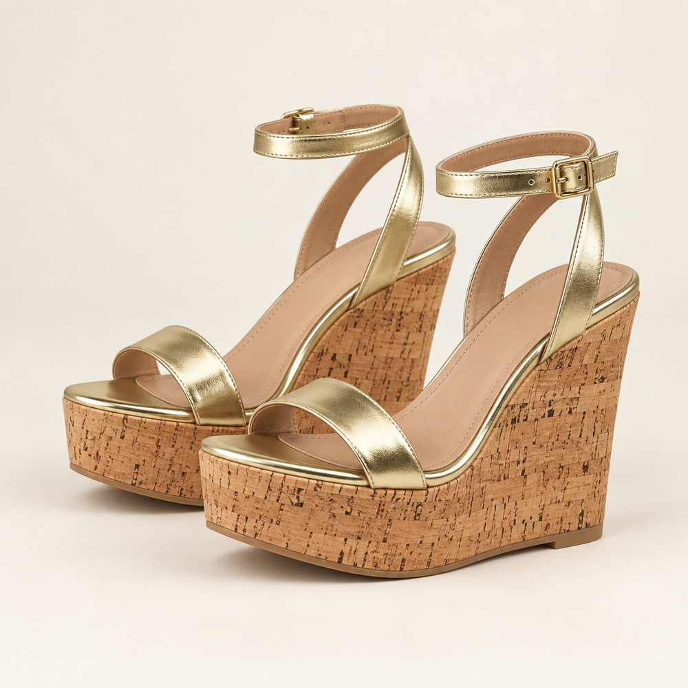 Alexandria Brandao AMORA Gold Cork Platform Wedge Sandals Ankle Strap NWT